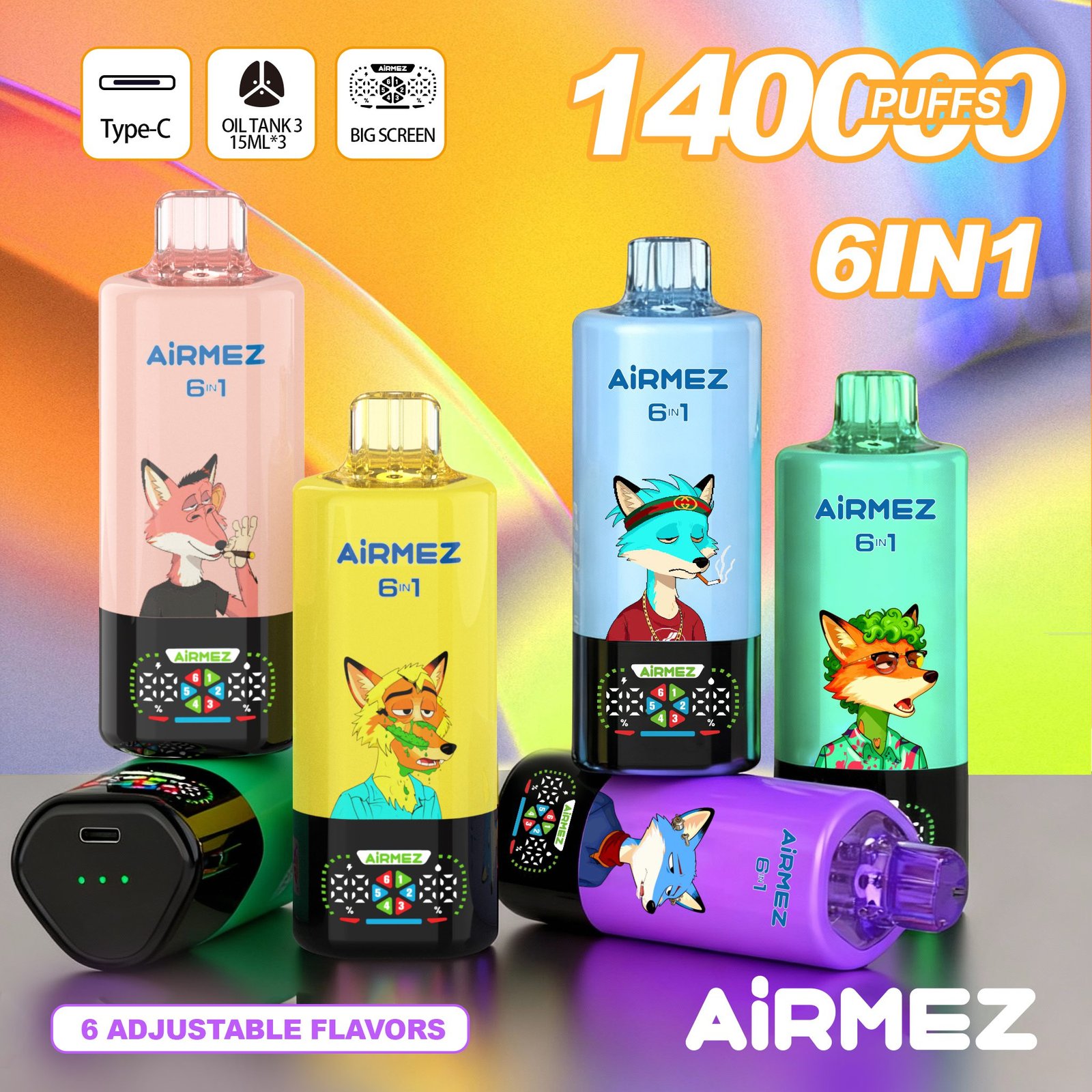 Airmez Fox 6in1 140K jednorazni vape uređaj, šest premium okusa u jednom uređaju, serija Airmez Fox